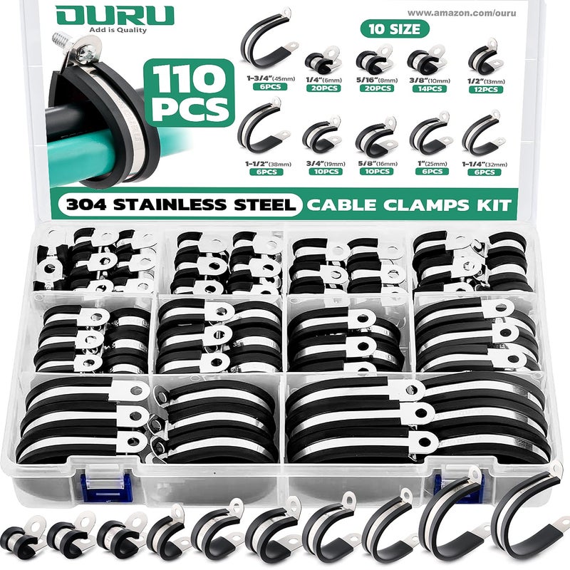 OURU 110PCS Cable Clamps Assortment Kit 10 Sizes-1/4"" 5/16"" 3/8"" 1/2"" 5/8"" 3/4"" 1"" 1-1/4"" 1-1/2"" 1-3/4"" Stainless Steel Rubber Coated Cushioned Insulated Cable Clamp Automotive Wire Pipe Clamps - Image 1